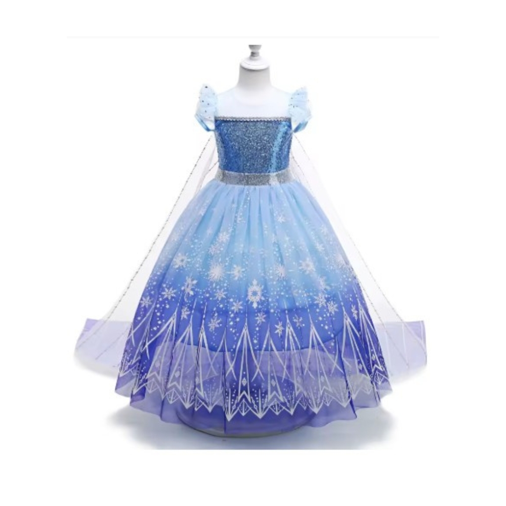 A sparkling light-up Princess Elsa fancy dress for girls, featuring an ice-blue gown with glittering snowflake details and integrated LED lights for a magical Frozen effect.