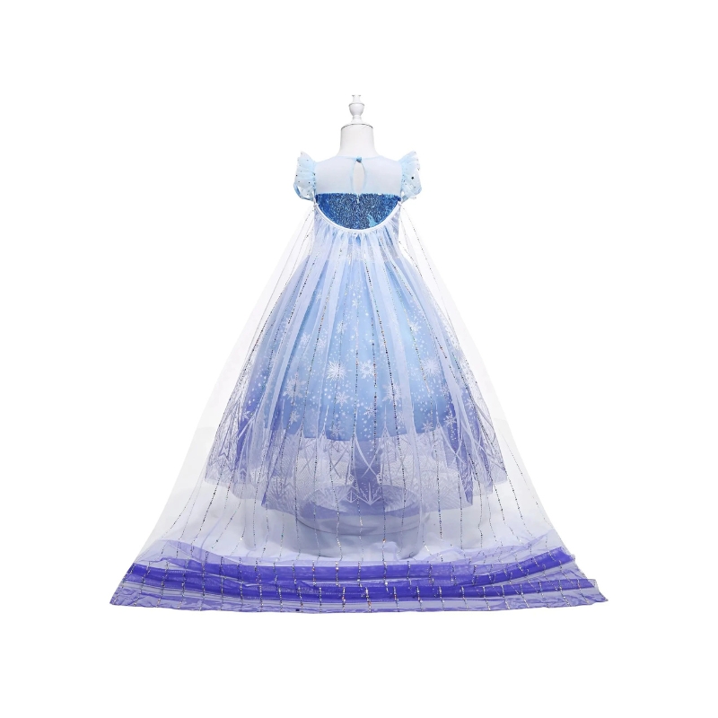 Close-up of the light-up skirt on the Princess Elsa fancy dress, showing the dazzling LED lights and sparkling snowflake embellishments that bring the Frozen magic to life.