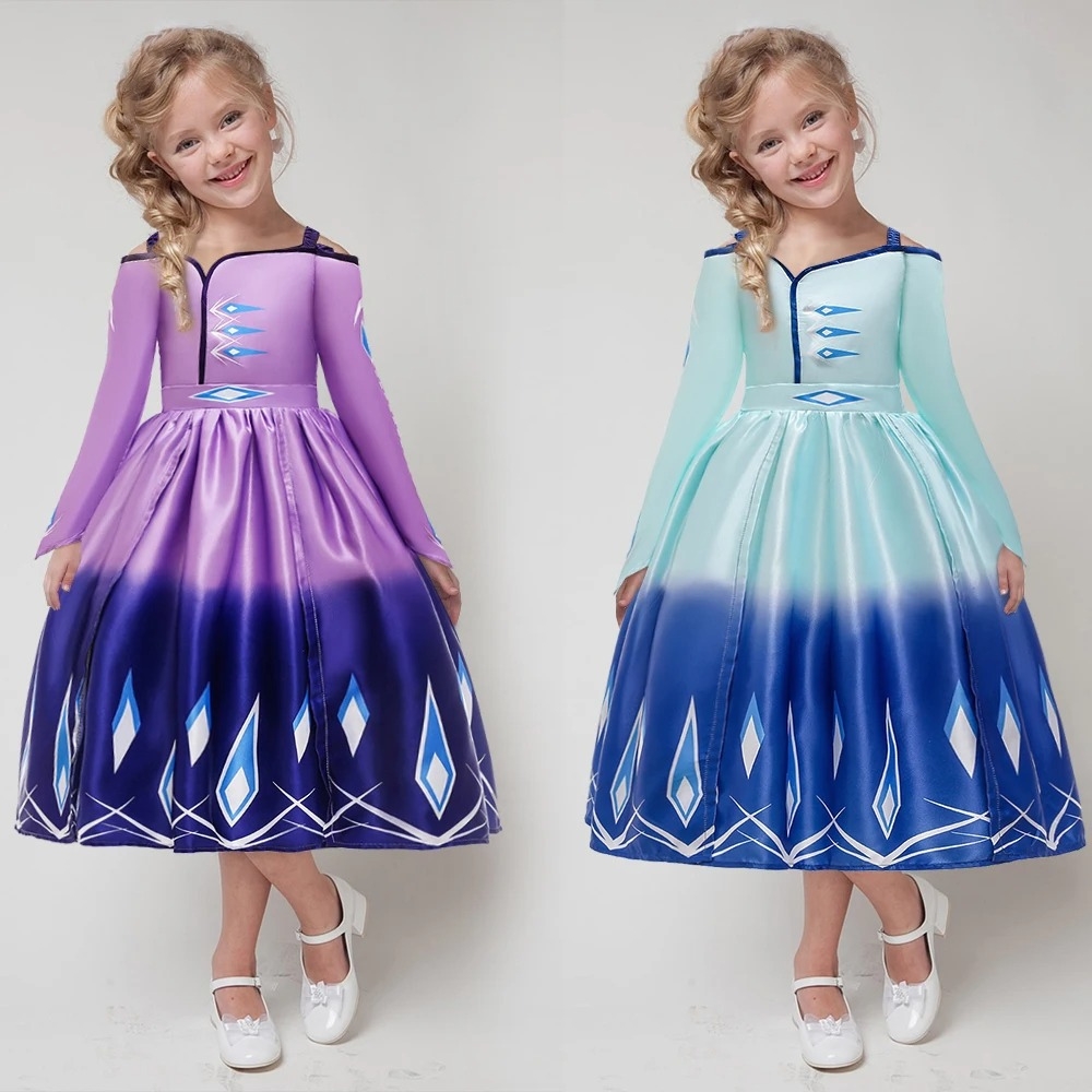 Beautiful Frozen Princess Elsa satin fancy dress available in icy blue or enchanting purple, with long sleeves, a sparkling bodice, and an elegant flared skirt with crystal details.