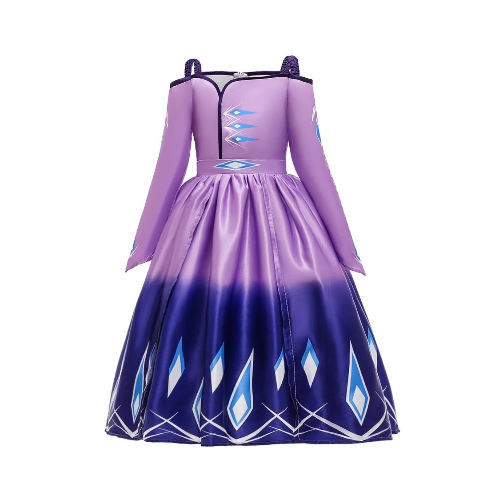 The icy blue Elsa satin fancy dress with sparkling bodice, long sleeves, and a flowing skirt adorned with crystal details, ideal for little Frozen princesses.