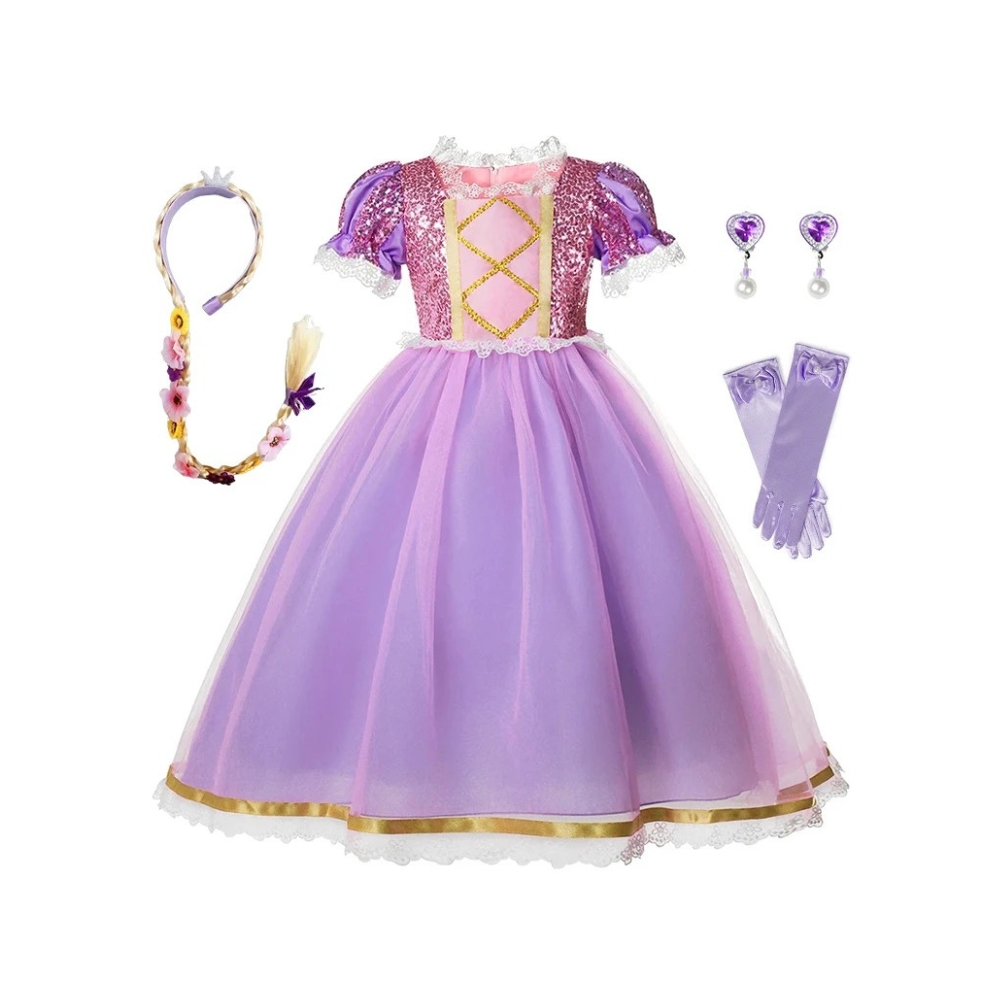 Girls' Rapunzel princess fancy dress costume in sparkling purple, including matching gloves, heart-shaped earrings, and a flower-decorated braid for imaginative role play and festive occasions.