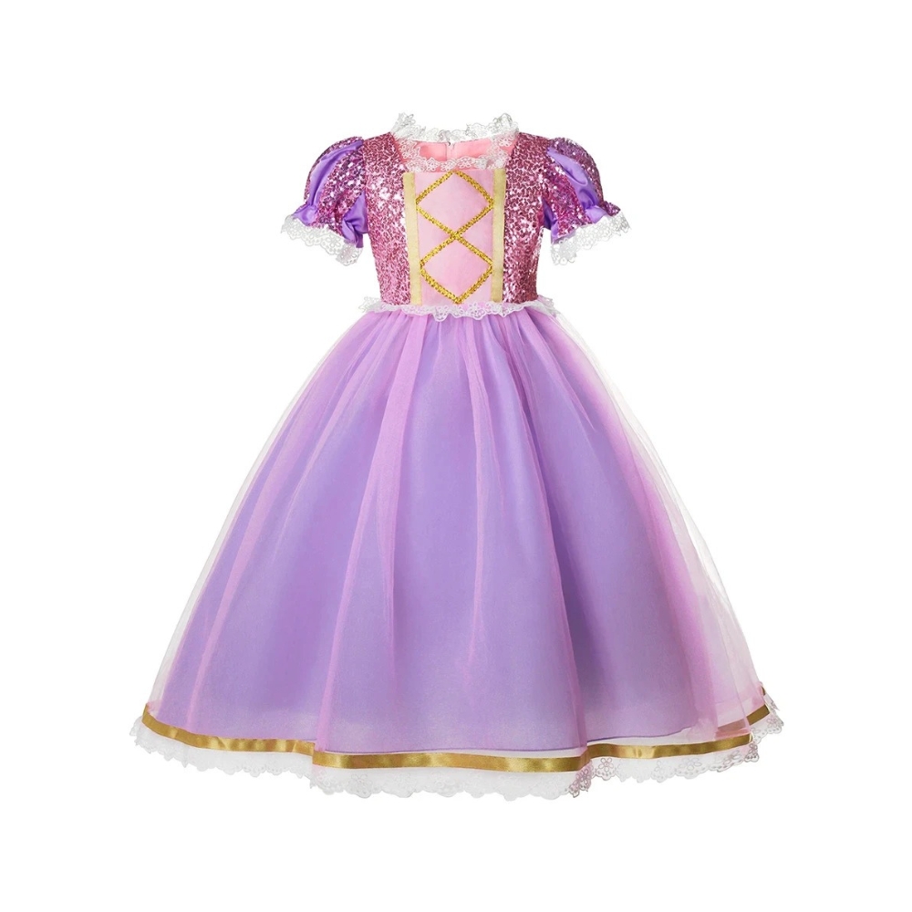 Close-up of the sparkling purple Rapunzel princess fancy dress with glittering sequin details and flowing layers for an enchanting fairytale costume.