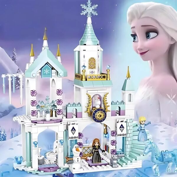 Frozen inspired ice castle building set featuring sparkling turrets, snowflake details, golden accents, and Elsa, Anna, and Olaf figures plus a translucent horse for magical imaginative play.