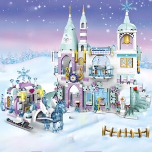 Beautiful Frozen Elsa crystal castle and magic carriage building set featuring multi-towered castle with shimmering details plus Elsa, Anna, and snowman figures for enchanting play.