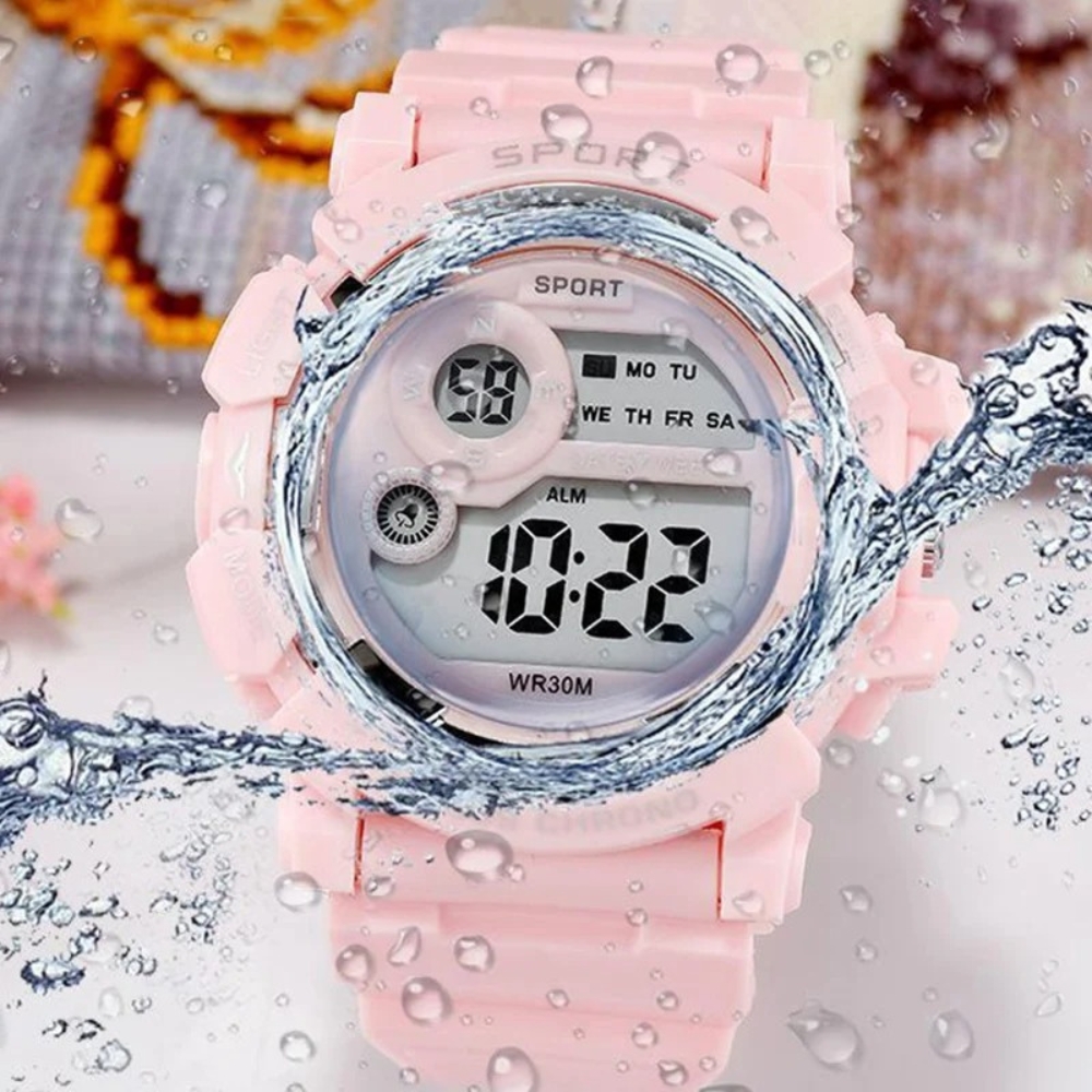 The multifunction waterproof sports watch for girls shown in available colour options, with a robust design ideal for sports, outdoor play, and everyday use.