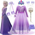 Stunning purple sequin Frozen Elsa princess dress featuring long sleeves, a layered gradient tulle skirt, and matching accessories including a tiara, blonde braided wig, and small handbag.