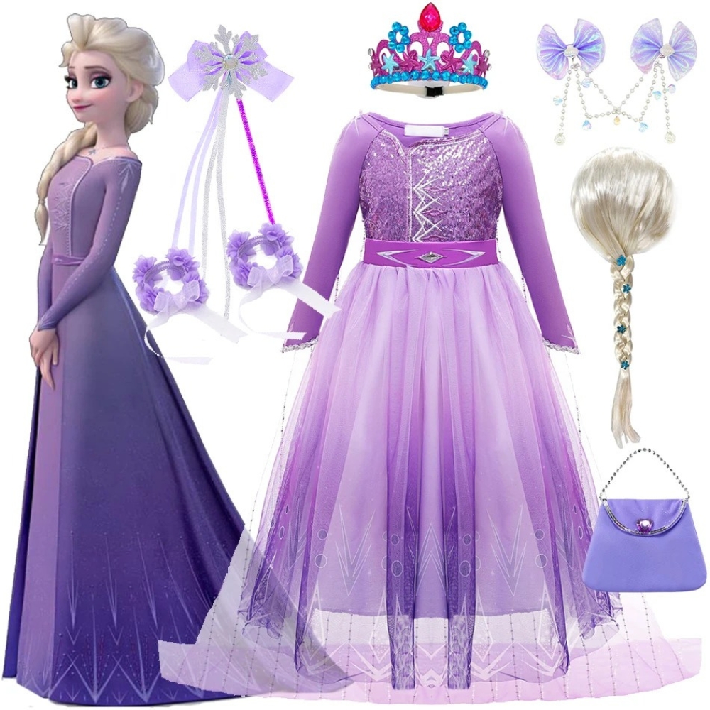 Stunning purple sequin Frozen Elsa princess dress featuring long sleeves, a layered gradient tulle skirt, and matching accessories including a tiara, blonde braided wig, and small handbag.
