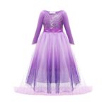 Close-up of the purple sequin Elsa Frozen princess dress showing the sparkling bodice, long sleeves, and beautiful gradient tulle skirt for an enchanting look.