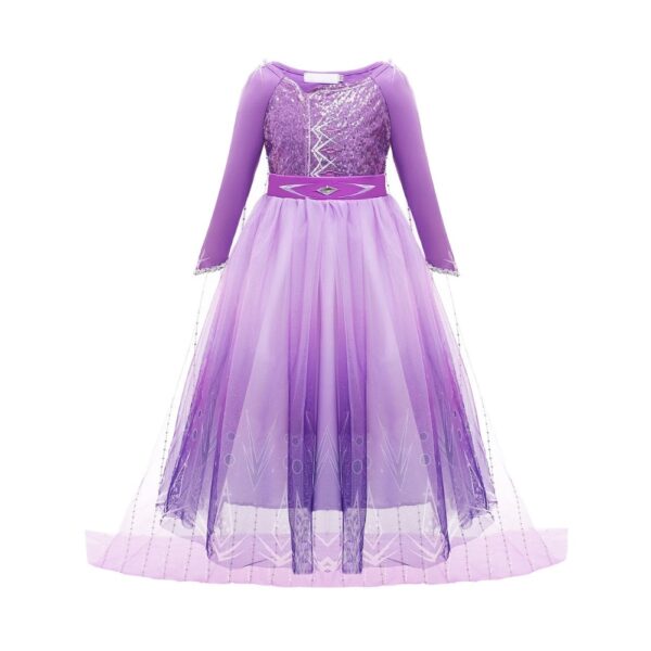 Close-up of the purple sequin Elsa Frozen princess dress showing the sparkling bodice, long sleeves, and beautiful gradient tulle skirt for an enchanting look.