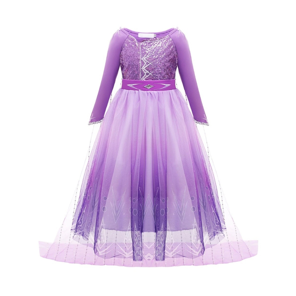 Close-up of the purple sequin Elsa Frozen princess dress showing the sparkling bodice, long sleeves, and beautiful gradient tulle skirt for an enchanting look.