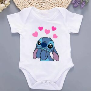 White short-sleeved baby romper with a pink or blue Stitch print in the centre, laid flat on a grey background.