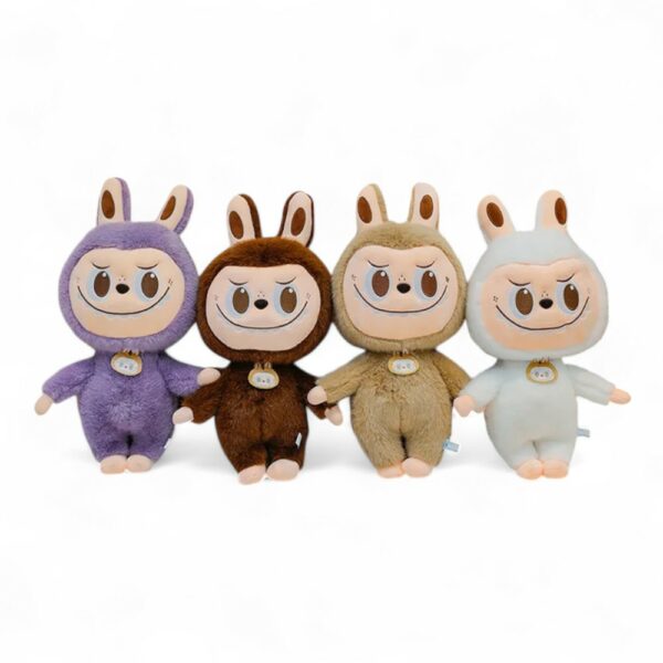 Labubu-style plush toy with soft fur, large ears, and a cheeky grin, available in several pastel colours, on a white background.