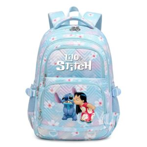 Pastel blue Lilo and Stitch school bag for girls with floral motifs, Stitch illustration, adjustable straps, and zipped closure.