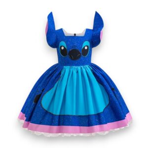 Blue Stitch fancy dress costume dress for girls with character ears and Stitch print on the bodice, on a white background.