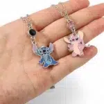 Full view of the Stitch necklace for girls showing the complete chain with the blue Stitch pendant and black bead, a playful and pretty accessory for everyday wear.