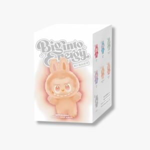 Peluche monstre kawaii sentiments colorés dans sa boîte sur fond gris clair.