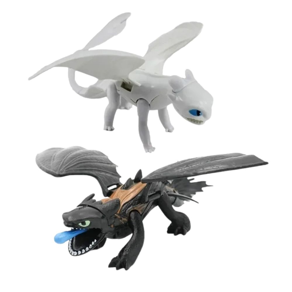 White and black dragon toys from How to Train Your Dragon film – choose Toothless the black dragon or the white Night Fury.