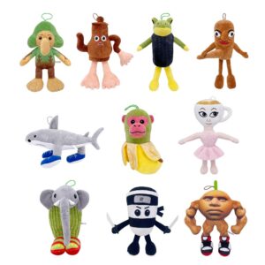 Ten different Italian Brainrot character plush toys displayed on a white background, representing the viral internet meme creatures.
