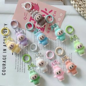 Close-up of one mini Labubu pastel keyring plush showing the detailed face, rabbit ears, and metal keyring attachment.