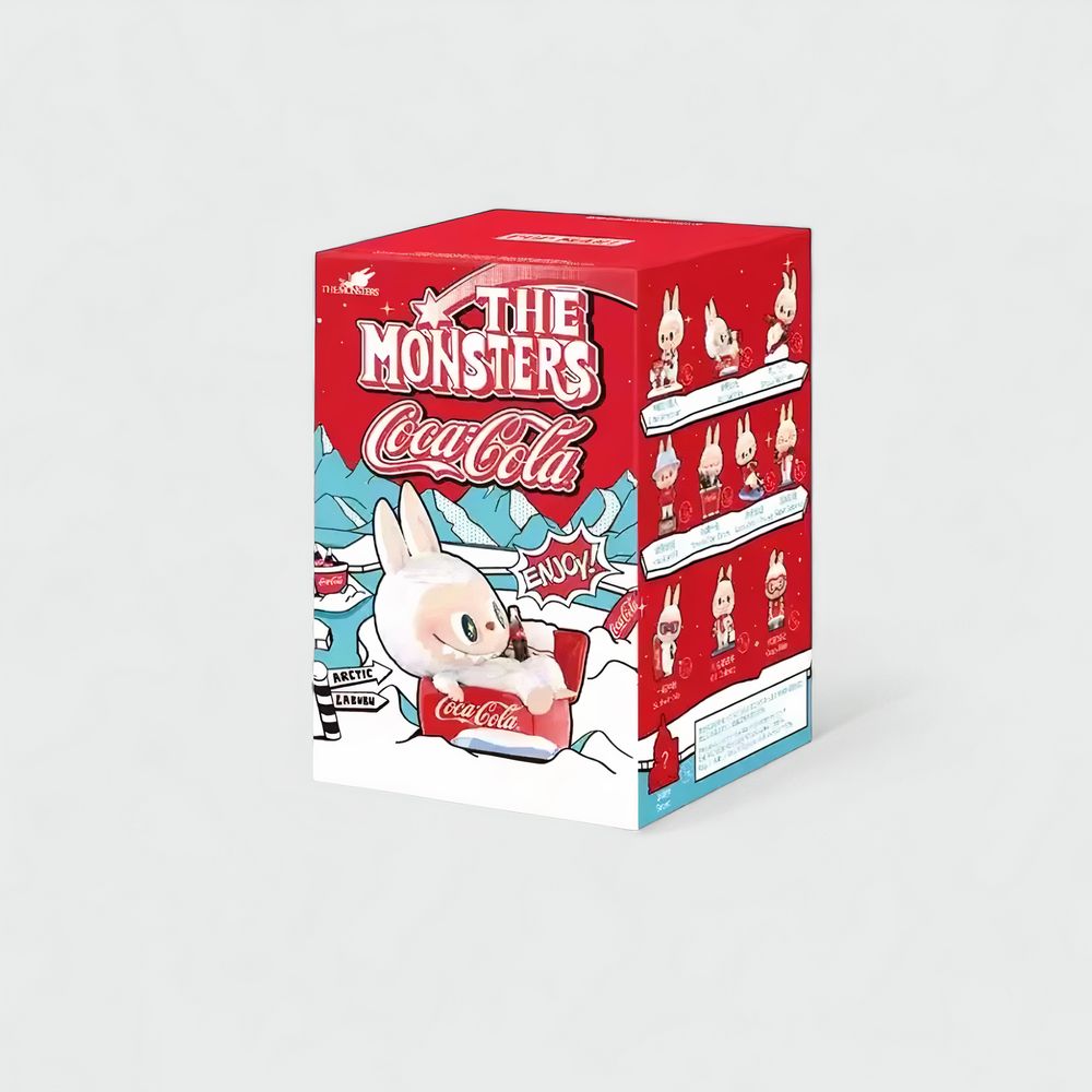 Labubu-style mystery box figurine from the Coca-Cola The Monsters collection in iconic red Coca-Cola colours, on a grey background.