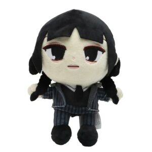 Cuddly plush dolls of Wednesday Addams and Enid from the Netflix series, together on a white background.