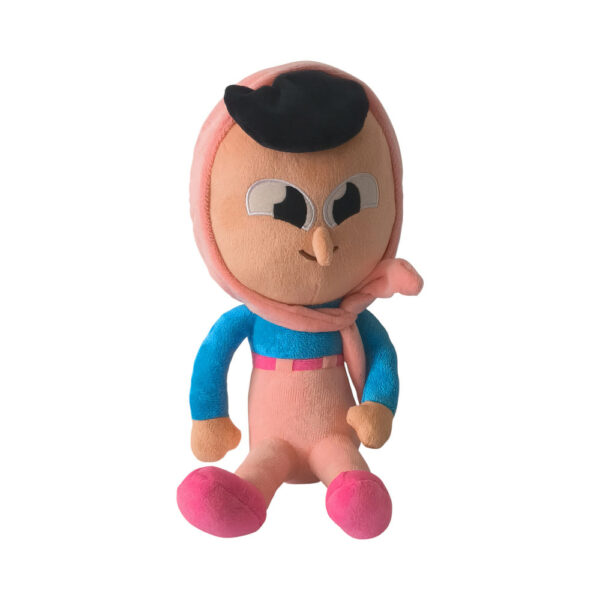 Duolingo Zari plush in pastel pink and blue tones, seated on a white background with a calm and attentive expression.