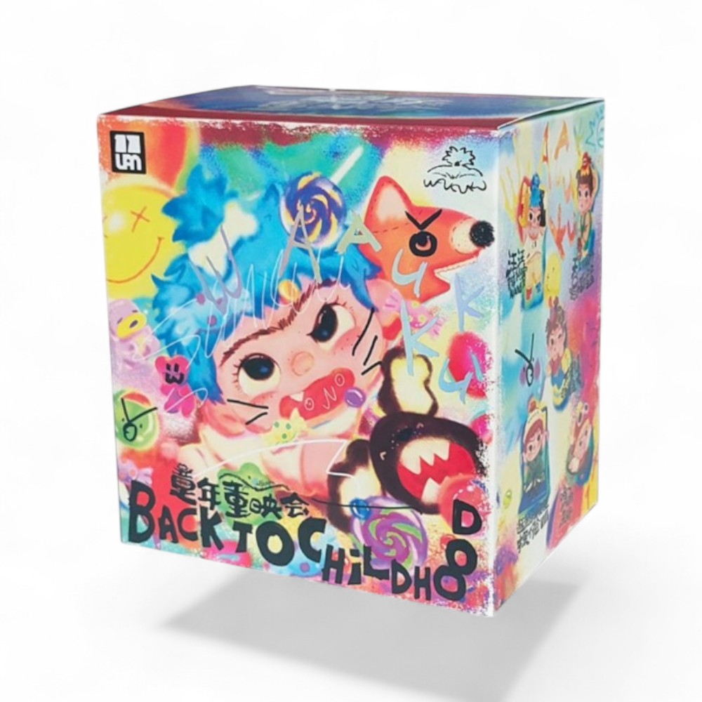 Pastel Wakuku Back to Childhood series blind box covered in kawaii character illustrations, on a white background.