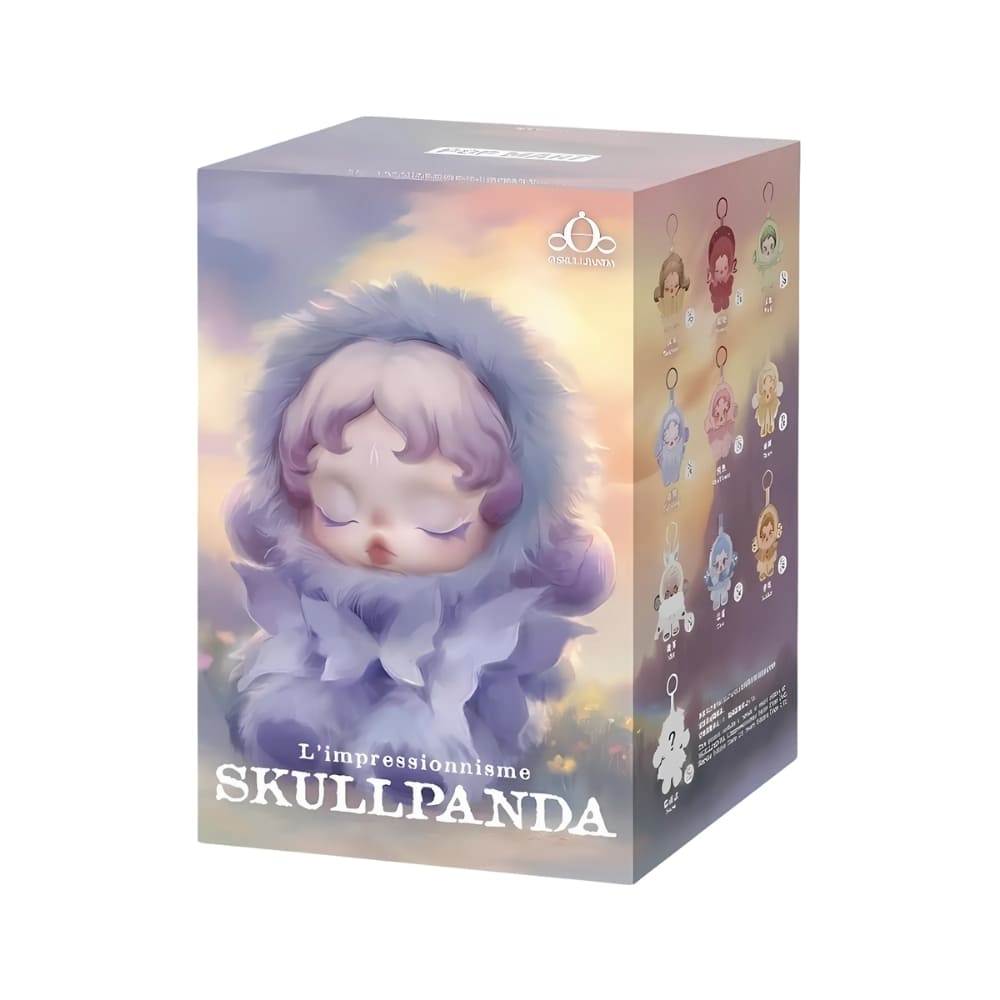 Skullpanda-style blind box with a floral theme, featuring a cute lilac-costumed plush figure on the front of the white packaging.
