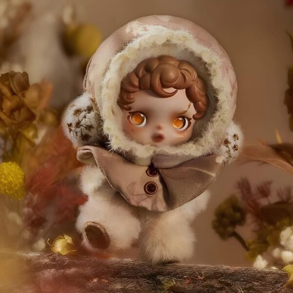 Close-up of the adorable lilac plush figure from the Skullpanda-style floral blind box, showing its gentle closed-eye expression.