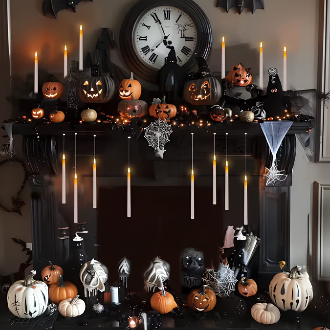 Harry Potter floating LED candles creating a magical atmosphere in a cosy room with lanterns, armchairs and a low table.