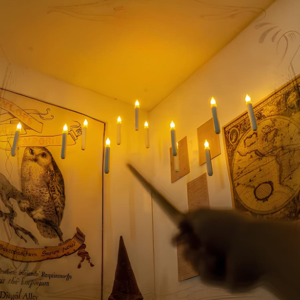 Close-up of a hand holding a magic wand directed at glowing Harry Potter LED floating candles in a darkened magical scene.