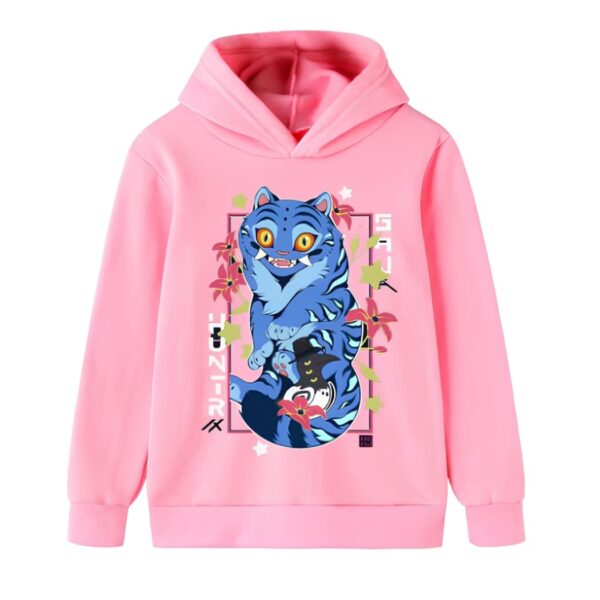 Pink hooded girls sweatshirt featuring Derpy the Blue Tiger from K-pop Demon Hunters in a floral frame, on a white background.