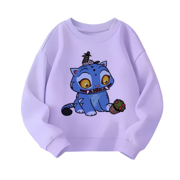 Full view of the violet K-pop Demon Hunters girls sweatshirt showing the Blue Tiger design front and back.