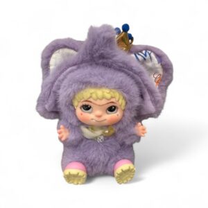 Official Wakuku Ton Ton Purple Graffiti plush with kawaii child face, blonde hair and pastel purple elephant costume with crown, on a white background.