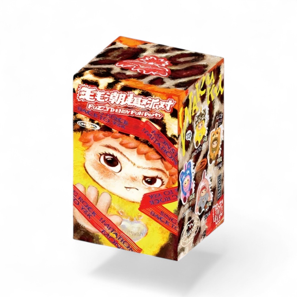 Red and orange Wakuku Fuzzy Fun Party series blind box featuring a single kawaii Wakuku character, on a white background.