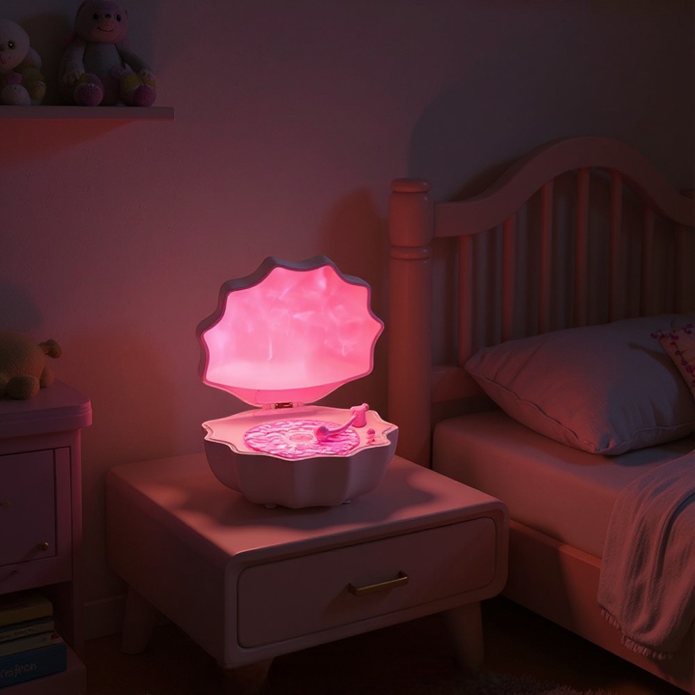 Close-up of the shell night light's rose-pink interior glowing softly, creating a soothing ocean-inspired atmosphere.