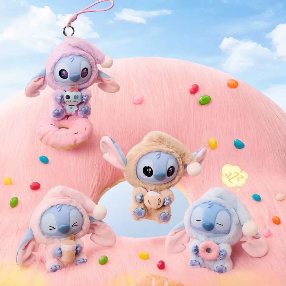 Stitch Labubu-style plush keyrings styled in a playful arrangement, showcasing the fun variety of pastel colours available.