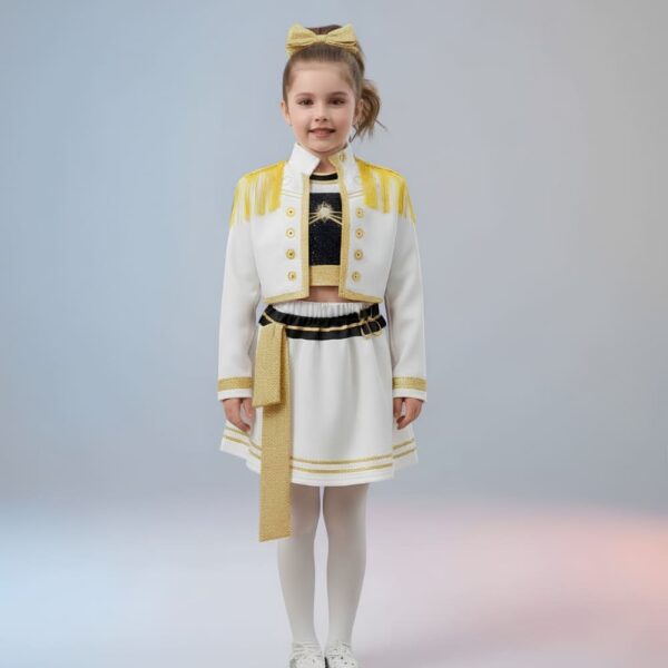 Mira K-pop Demon Hunters fancy dress costume modelled by a girl standing on a light grey background, featuring a white skirt with gold ribbon, a sparkly black top, and a white jacket with gold fringe.