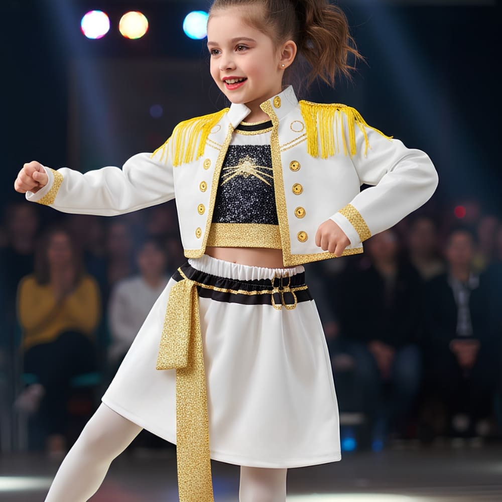 Detail view of the Mira K-pop Demon Hunters fancy dress skirt and gold-fringed jacket, a showstopping costume for girls who love K-pop style.