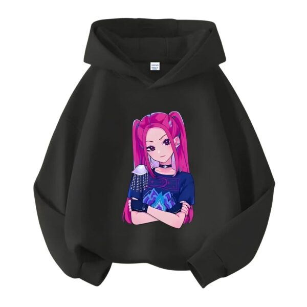 Black hooded girls' K-pop Demon Hunters sweatshirt featuring the Mira character, displayed on a clean white background.