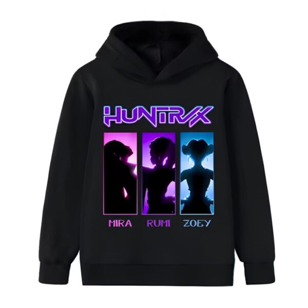 Black girls' K-pop Demon Hunters hoodie featuring three colourful character silhouettes and the bold HUNTRIX logo on a white background.