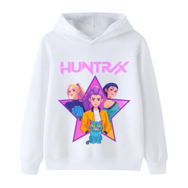 White girls' K-pop Demon Hunters hooded sweatshirt with a Huntrix character motif on a pink star, displayed on a white background.