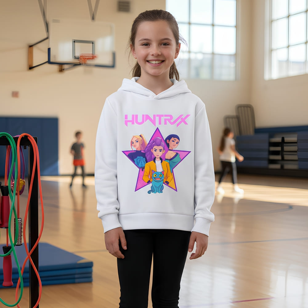 Full front view of the white K-pop Demon Hunters girls' hoodie, showing the Huntrix character print and hood detail clearly.