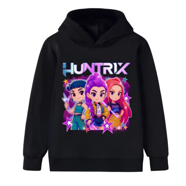 Black hooded girls' sweatshirt featuring a colourful cartoon Huntrix print of the three Demon Hunters heroines with their names above.