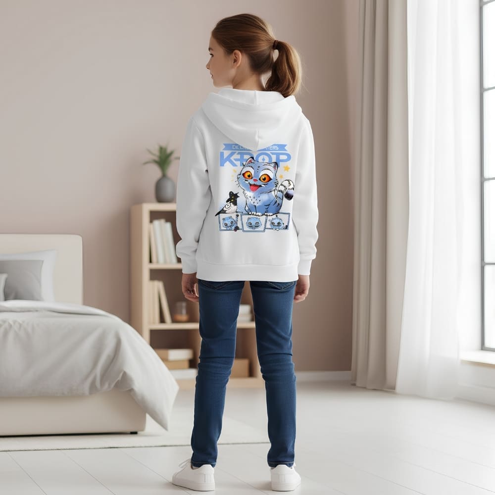 Back view of the K-pop Demon Hunters zip-up hoodie showing the large, colourful Derpy character print in full display.