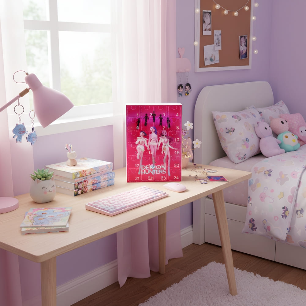 The pink K-pop Demon Hunters advent calendar with the Huntrix characters, a fun and exciting countdown gift for girls.