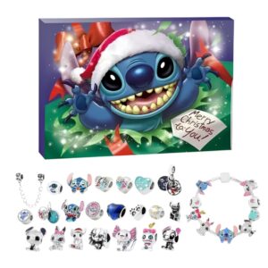 Stitch advent calendar box with a festive Santa hat, displayed with its charms and Pandora-style bracelet on a white background.