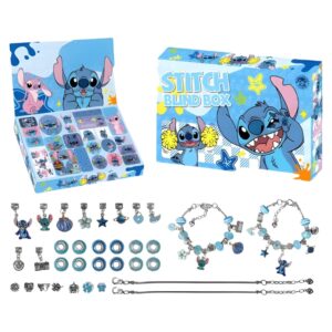 Light blue Stitch advent calendar with the lid open and closed views, plus charms and two bracelets, on a white background.