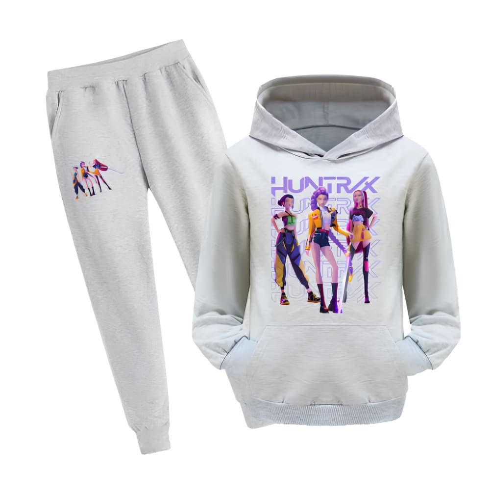 Grey K-pop Demon Hunters hoodie tracksuit with a large hero print on the front and character motif on the trouser leg, with a kangaroo pocket, on a white background.