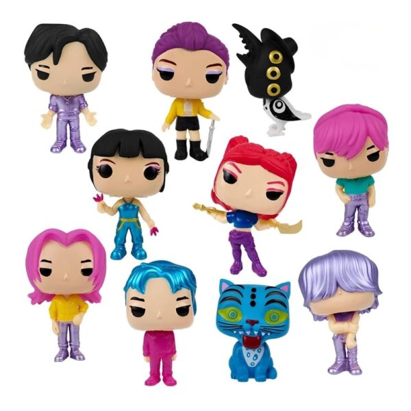 Set of ten K-pop Demon Hunters pop-style figurines featuring all film characters in colourful cartoon style on a white background.